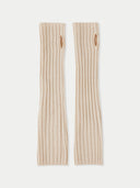 A pair of beige cashmere fingerless gloves laid out flat on a white background. #color_sand-beige