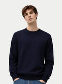 Man wearing a navy blue sweater on a light gray background.