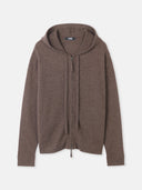A brown cashmere zip-up hoodie with the hood on and zipper up. #color_brown