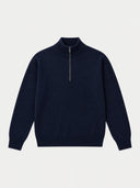 A navy blue half-zip knit sweater with a ribbed mock neck, cuffs, and hem, displayed on a clean off-white background.