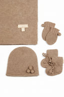 Knitted baby hat, mittens, and blanket set with a visible brand logo on a white background. | GOBI UK #color_taupe