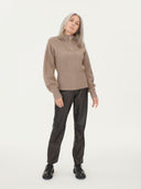 Women's Cashmere Zip Detailed Rib Polo Taupe - Gobi Cashmere #color_taupe