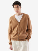 Man wearing a brown cardigan over a white shirt on a white background. #color_light-brown