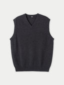 A gray cashmere vest with a V-neck collar and ribbed edges. #color_charcoal