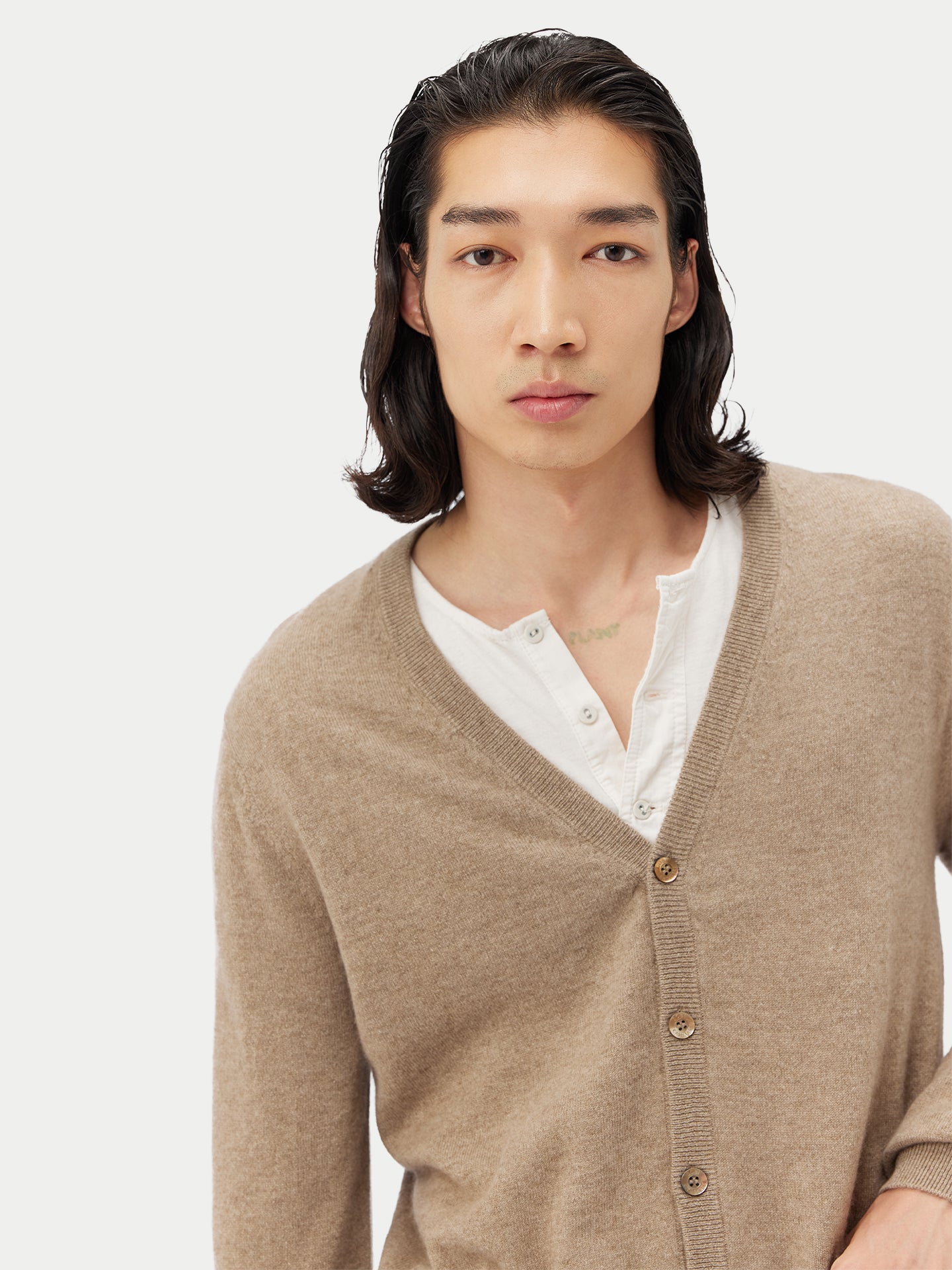 Men's Cashmere V-neck Cardigan Taupe - Gobi Cashmere