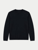 A plain black long-sleeve crewneck sweater displayed flat against a light gray background.