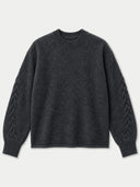 A dark charcoal gray crewneck sweater with cable-knit detailing down the sleeves, displayed flat against a light off-white background.