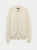 A cream-colored knit zip-up jacket with a stand collar, ribbed cuffs, and side pockets, shown against a light gray background. #color_white
