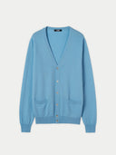 Essential Cashmere V-Neck Cardigan in Azure Blue — Gobi Cashmere #color_lichen-blue