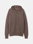 A men's brown cashmere pullover with a drawstring hood and front pouch. #color_cocoa