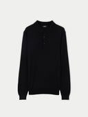 A black cashmere silk polo shirt with a polo neck. #color_black