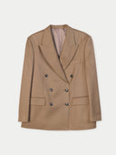 Tan double-breasted blazer on a light gray background. #color_dark-brown