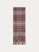 The coconut brown cashmere checked jacquard scarf laid flat with one corner folded back.