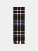 Flat lay of the black cashmere checked jacquard scarf with white, gray and fine blue checks and fringed ends.