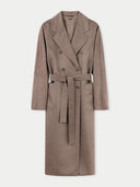 A double-breasted long coat in brown color with wide notch lapels and sustainably-produced buttons, featuring a belt at the waist. #color_cocoa