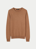 A brown cashmere crew neck jumper with a round neckline and short sleeves. #color_light-brown