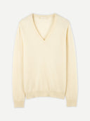 A beige cashmere v-neck sweater on a white background.