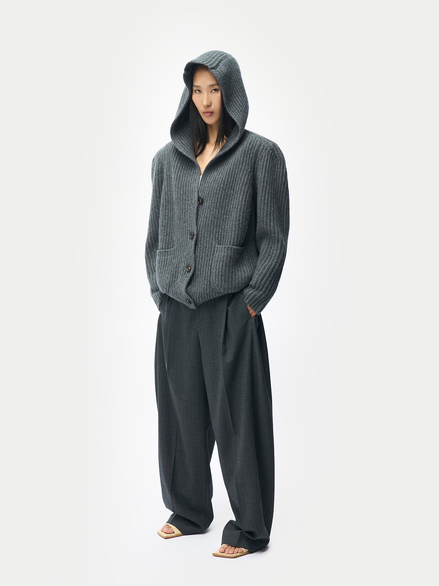 Wide-Shoulder Hooded Cashmere Cardigan