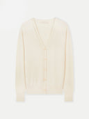 A beige, cashmere button-up cardigan laid out flat on a white background. #color_off-white