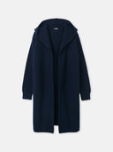 A navy blue hooded cashmere cardigan with a mid-length cut and open front design. #color_navy