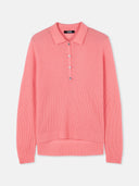A pink women's cashmere polo shirt with a polo neckline and long sleeves. #color_shell-pink