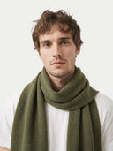 Man wearing a green scarf against a white background. #color_olive-green #ai-image