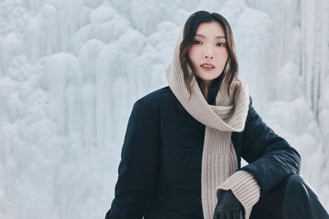 Seamless Cashmere Rib Knit Scarf in Urban Silver, editorial photo