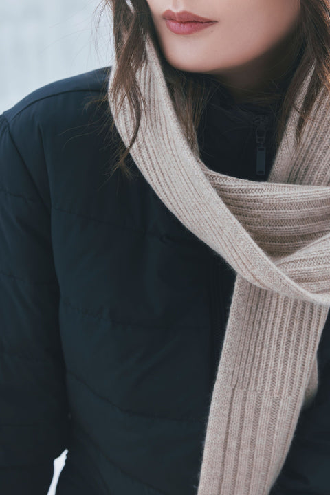 Seamless Cashmere Rib Knit Scarf in Urban Silver, editorial photo