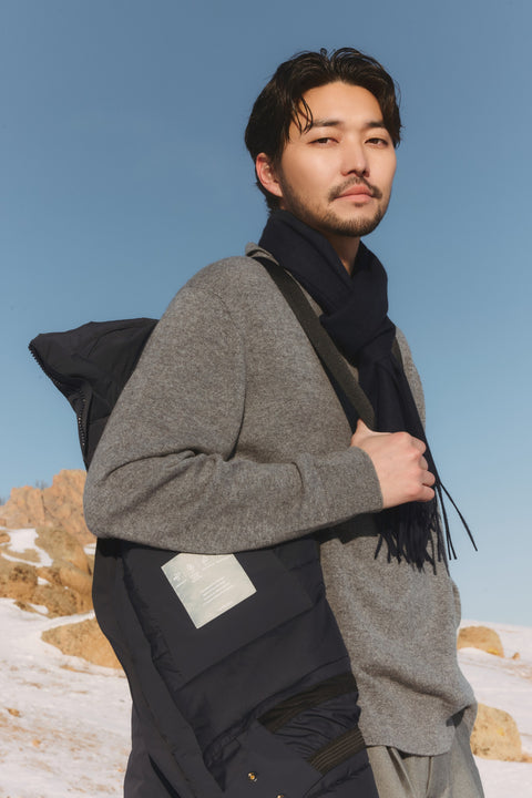 Cashmere Fringed Scarf in Muted Blue, editorial photo