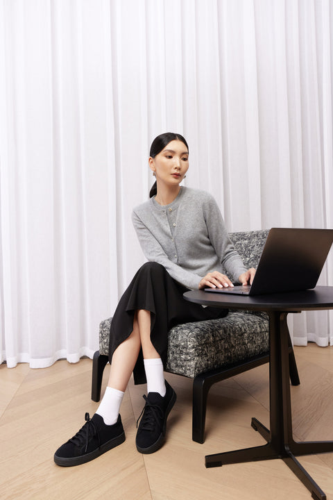 Women's Essential Cashmere Crewneck Cardigan, editorial photo