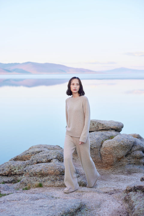 Women's Wide-Leg Ajour Knit Cashmere Trousers, editorial photo