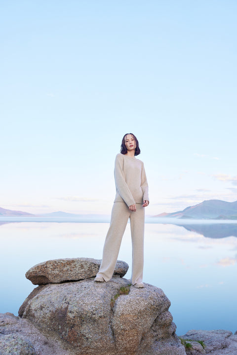 Women's Wide-Leg Ajour Knit Cashmere Trousers, editorial photo