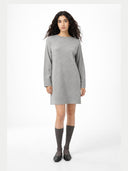 Woman wearing a gray dress on a white background. #color_light-gray #ai-image