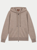 Taupe hoodie with a brand logo on a light grey background
