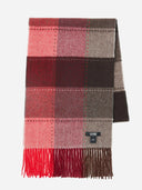 A cashmere woven checked tassel scarf with fringed edges, primarily in red and gray colors, displayed on a white background. #color_red