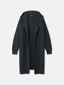 A long black cashmere hooded cardigan with a shawl collar, open front, and midi-length sleeves. #color_charcoal