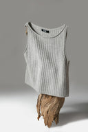Ribbed grey sleeveless cashmere crop top from the seamless cashmere collection, front view on wooden stand, GOBI label