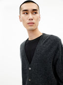 Man wearing a dark gray cardigan over a black shirt on a white background. #color_charcoal