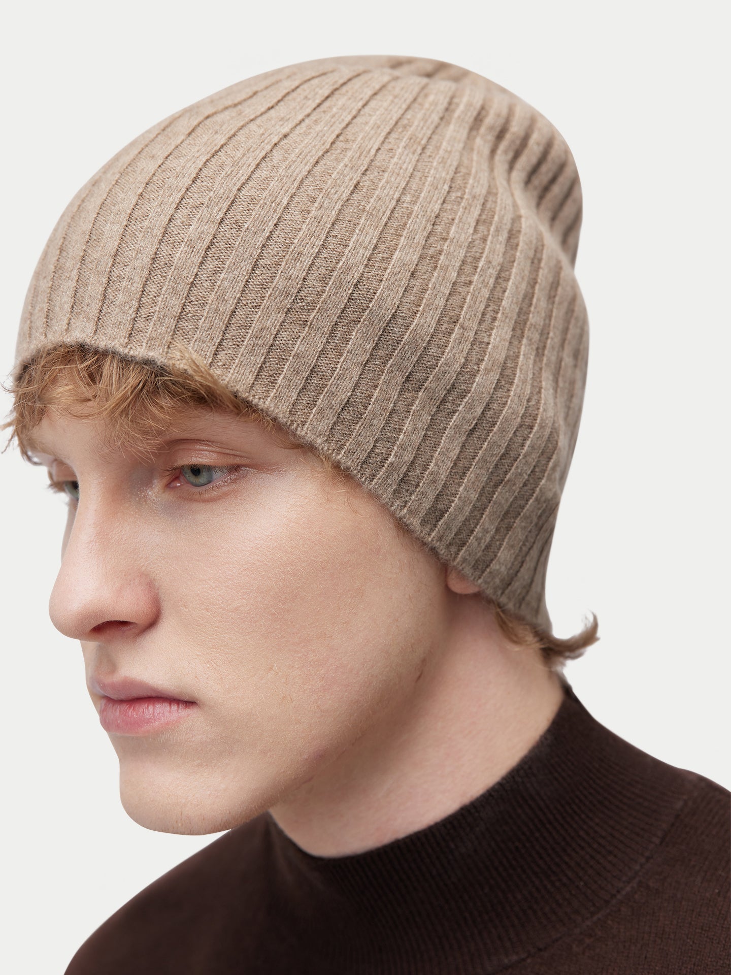 Unisex Organic Cashmere Rib Knit Hat Taupe - Gobi Cashmere