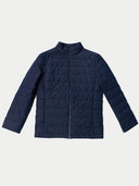 Navy blue puffer jacket on a light gray background