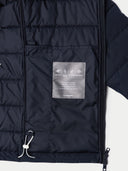 Navy puffer jacket with a label on the chest pocket against a white background