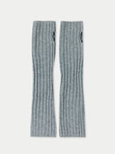 A pair of gray cashmere fingerless gloves laid flat on a white background. #color_vapor-blue