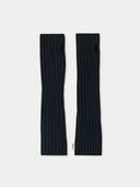 A pair of black cashmere fingerless gloves laid flat on a surface.