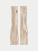 A pair of beige cashmere fingerless gloves laid out flat on a white background.