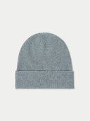 A gray rib-knitted beanie hat on a white background.