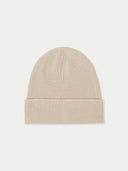 A beige rib-knitted cashmere beanie hat.