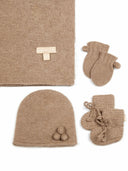 Knitted baby hat, mittens, and blanket set with a visible brand logo on a white background. | GOBI UK #color_taupe