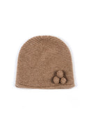 Brown knitted baby hat with three ball decorations on a white background | GOBI UK #color_taupe