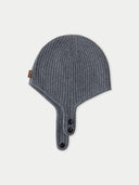 Gray knit beanie with a paddle design on a light gray background