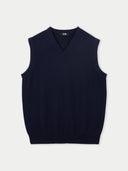 A navy-colored men's cashmere vest with a V-neckline, displayed against a plain background. #color_navy